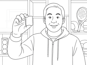 Svart-hvitt skisse av et padelracket-håndtak med AURO System-grep tilbehør.