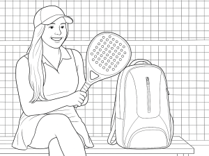 Sort-hvitt skisse av en kompakt Cork Padel ryggsekk med synlige racket- og skorom