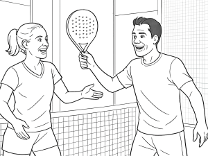 To padelspillere trener på volleyer og dropshots på midtbane, trener observerer i nærheten