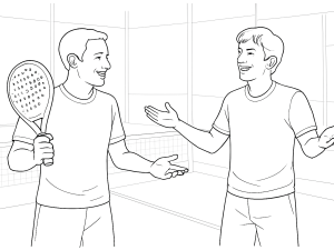 Two padel players discussing a serve return position near the service line, focusing on court rules