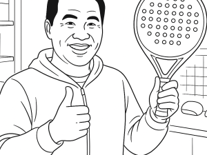 Czarno-biały szkic rakiety padel Vibora Yarara Radical z chropowatą powierzchnią i sznurkiem na nadgarstek