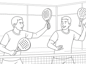 Allenatore di padel che istruisce un giocatore sulla tecnica della volée vicino alla rete, enfatizzando la scelta del colpo diagonale