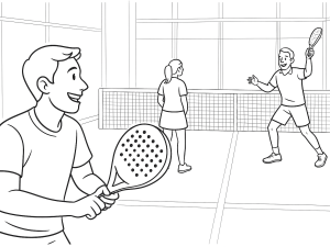 Due giocatori di padel eseguono un lob alto, con l'allenatore Gustavo Pratto che osserva il posizionamento in campo.