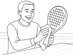 Desenho a preto e branco de uma raquete de padel mostrando núcleo, armação, overgrip e detalhes do protetor de silicone