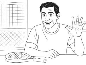 Jogador a comparar cuidadosamente três raquetes de padel, considerando orçamento e estilo de jogo, numa loja de desporto