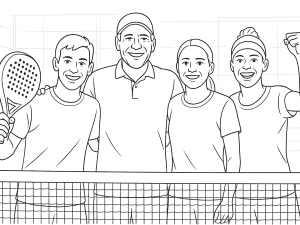 Twee padelspelers en een coach die samen strategieën bespreken op de baan, met nadruk op teamwork en innovatie.
