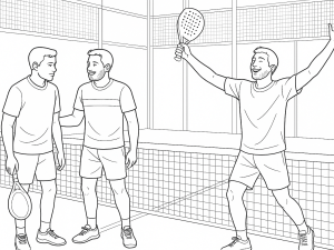 Zwei Padelspieler im Gespräch auf dem Platz, koordinieren Positionen und Taktik vor einem Doppelpunkt.