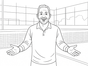 Desenho a preto e branco de um campo de padel com textura detalhada do relvado e areia a ser espalhada de forma uniforme