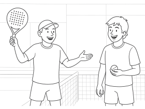 Two padel players at the net deciding whether to serve or return, with a scoreboard in view