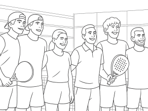 Neljä padel-pelaajaa tiukassa pallorallissa stadionin valoissa, ilmeet keskittyneet ja intensiiviset