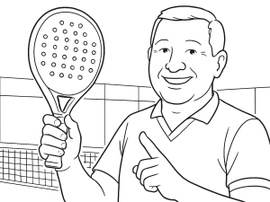 Black-and-white sketch of the Sane Potential Advanced padel racket with large sweet spot and heartless design