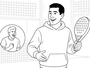 Padelspieler sprüht 4on Grip Spray auf den Schlägergriff in einer heißen, feuchten Halle