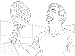 Padelrackets van verschillende vormen en merken, met prijskaartjes en kortingsborden, eenvoudig geschetst.