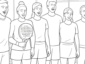 Dessin noir et blanc des raquettes Bullpadel 2025 exposées lors d'un événement de lancement avec joueurs et fans.