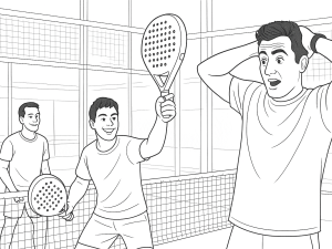 Deux joueurs de padel au filet, l'un touchant accidentellement le filet lors d'un point tendu.