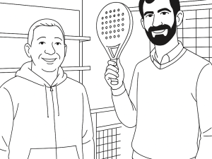 Svart-hvitt skisse av Sane Padel 2024-racketer med teksturerte overflater og tydelige spiller-signaturer