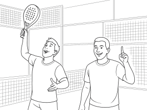 Deux joueurs de padel près de la grille latérale, l'un prépare une bandeja, l'autre anticipe le coup.