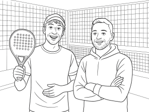 Svart-hvitt skisse av Kombat Teide padelracket med langt håndtak og teksturert trefflate