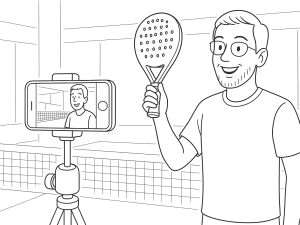 Padel Pro Mount festet til padelbanens glass og holder en smarttelefon, tegnet i svart-hvitt