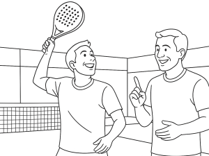 Padelspelare i sidoställning förbereder sig för att slå bollen efter väggstuds, partner signalerar nära