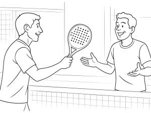 Två padelspelare vid nätet, en visar korrekt volleygrepp och ställning, banlinjer synliga