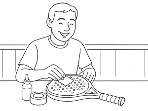 Raquete de padel a ser reparada com fibra de carbono, resina epóxi e ferramentas numa bancada