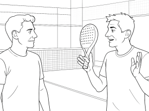 Alex Ruiz effectuant un lob parallèle pendant que son partenaire se prépare à monter au filet lors d'un match de padel