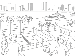 Padelbanor i Miami med spelare, inklusive Wynwood, Real Padel, Padel Life och lyxiga arenor