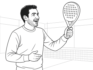 Czarno-biały szkic rakiety padel MM3 z elementami projektu społecznościowego i ekskluzywnym opakowaniem.