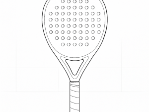 Schwarz-weiße Skizze des Osaka Vision Control Padelschlägers mit rundem Kopf und schwarz-roten Details