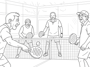 Fire spillere i forskellige aldre, fra barn til senior, spiller sammen på en padelbane