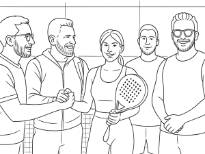 Spillere på en padelbane i Libanon med bjerge og hav i baggrunden