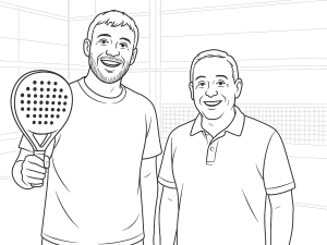 Zwart-witte schets van de Puma Nova Elite padelracket met ruw oppervlak en Momo Gonzalez-logo