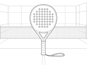Sort-hvid tegning af RS Sports Pro Edition Simon Vasquez padel ketcher med forlænget greb og hybrid form