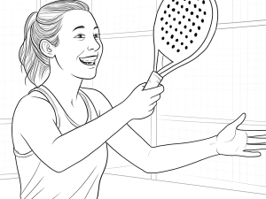 Entraîneur de padel montrant la technique de volée compacte et de bandeja coude haut à des élèves au filet